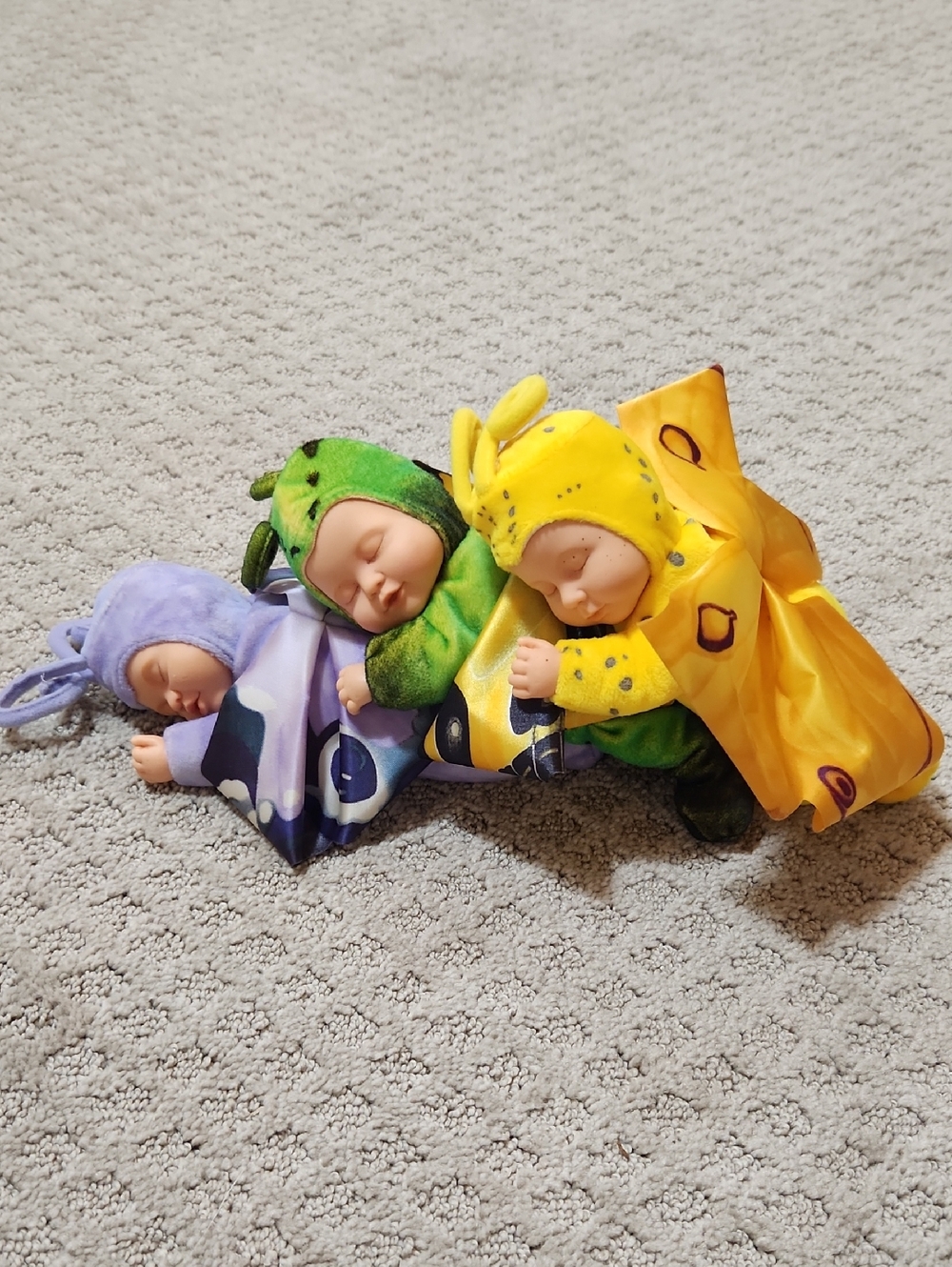 Anne Geddes Vintage Trio of Sleepy Butterfly Baby Dolls Yellow, Green & Lavender